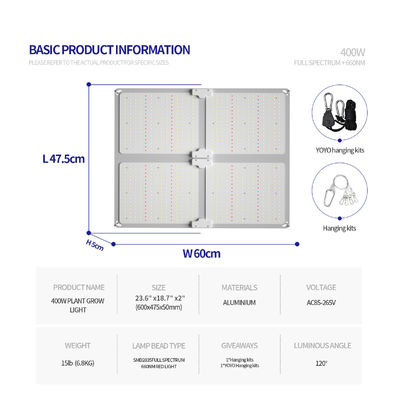400W Güç Çıkışı Kapalı bitki büyümesi için ayarlanabilir asma yüksekliği ile tam spektrumlu LED büyüme ışığı